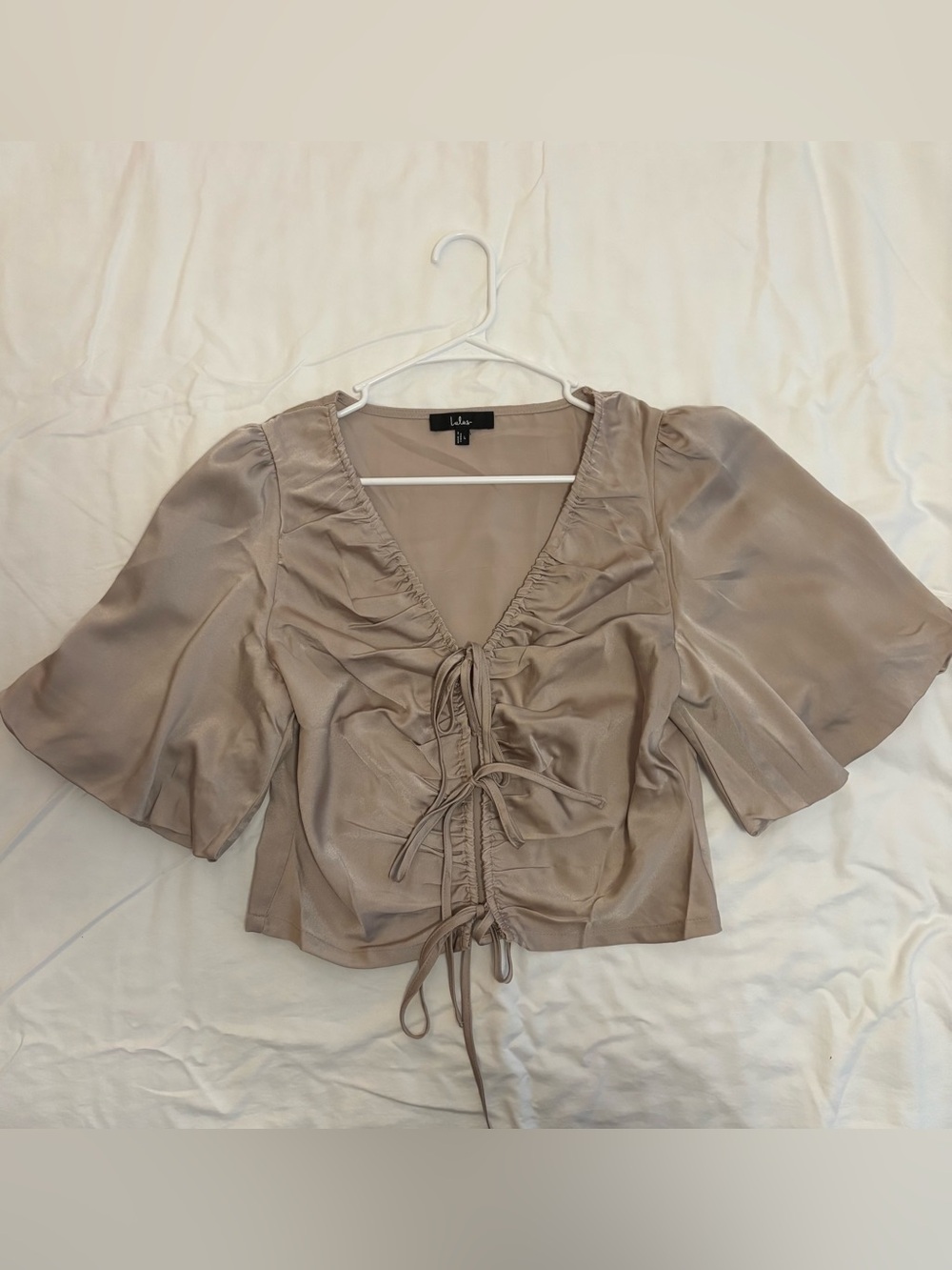 Lulus Top - NWOT - L - Taupe Satin Tie-Front Blouse